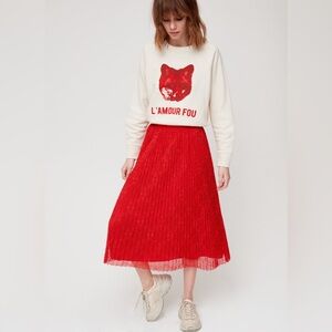 Aritzia Little Moon Red Floral Lace Pleated Midi Skirt